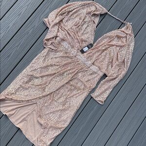 Fashion Nova Champagne Sequin Wrap Midi Dress